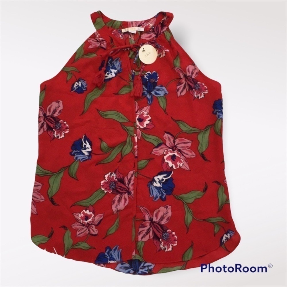 C&E Women’s floral tassel red Bohemian Tunic halter top size Medium